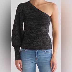 NWT 7 For All Mankind Metallic 1 shoulder Knit Sweater Black Silver‎ Size Small